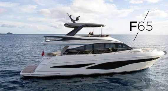 "Princess-f65" Sleek and modern yacht Princess F65 sailing on open waters with two people on the upper deck enjoying the view.