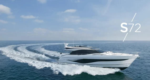 "Princess-s72" High-performance yacht Princess S72 making a swift turn on the sea, leaving a curved wake in its path.